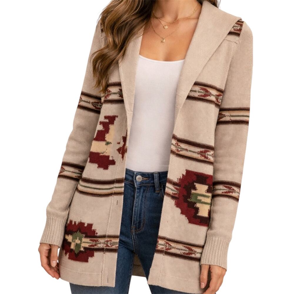 Vintage Lucky Brand Open Cardigan Sweater Linen Knitted Aztec Print Tan Small
